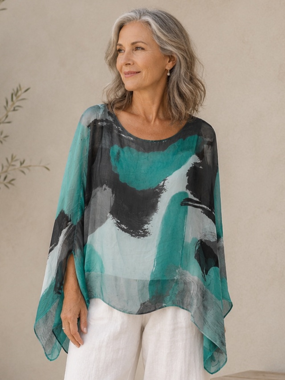Abstract Teal and Black Draped Poncho Sweater